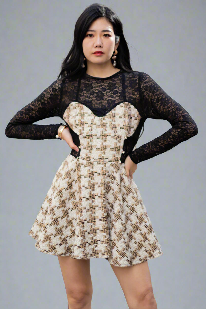Tweed & Lace Skater Dress DUMEBI Tweed & Lace Skater Dress DUMEBI
