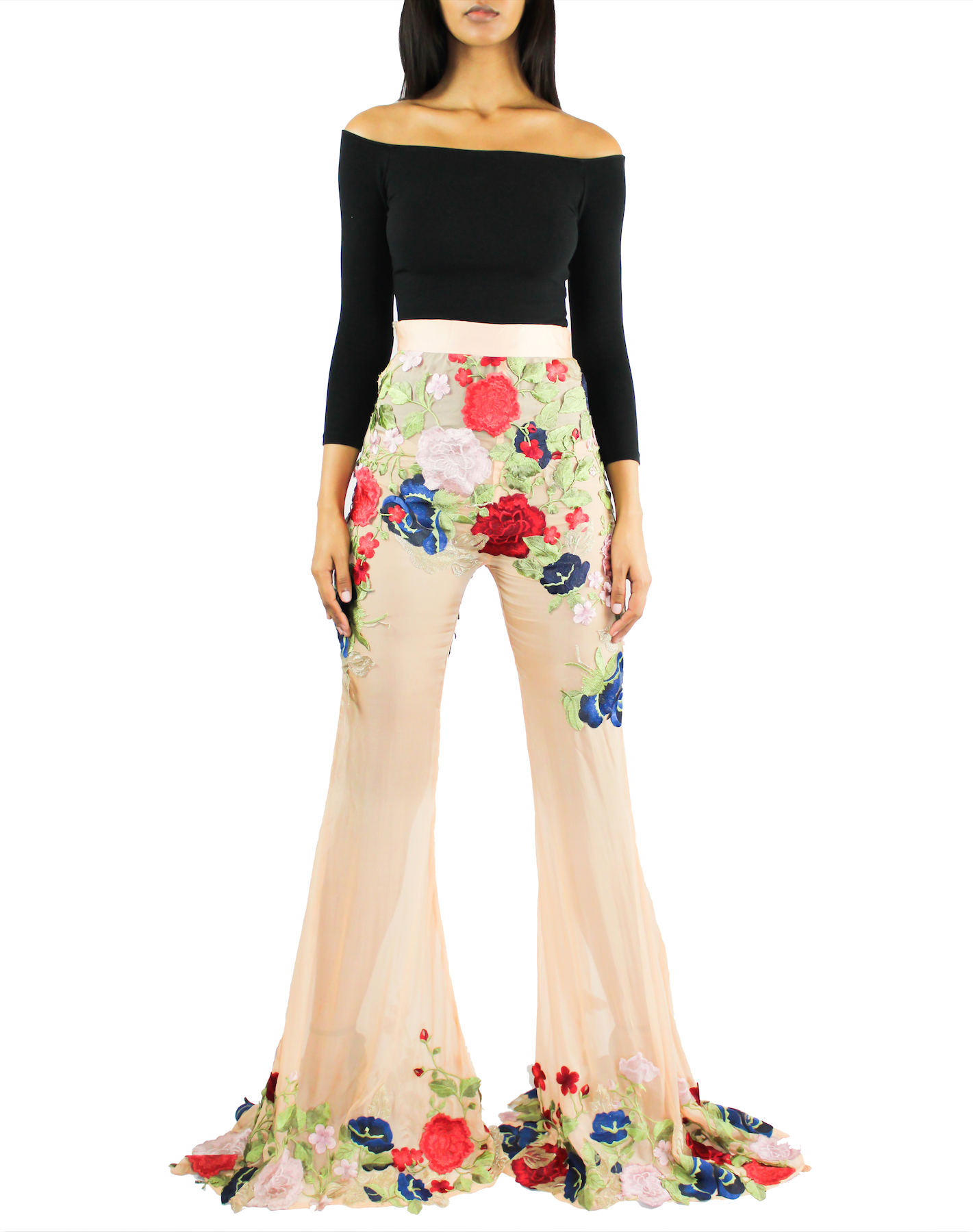 Apricot Silk Chiffon Lace Appliqué flare Trousers