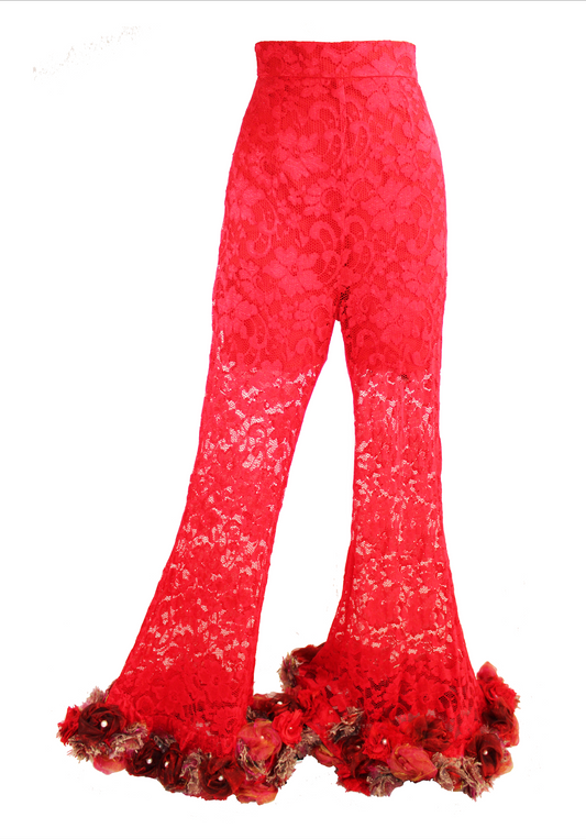 Red lace flare trousers