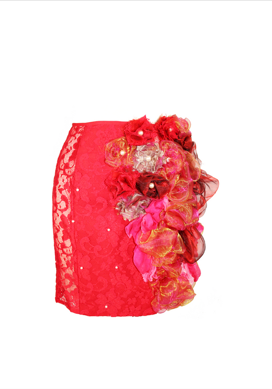 Red Flower embellished skirt