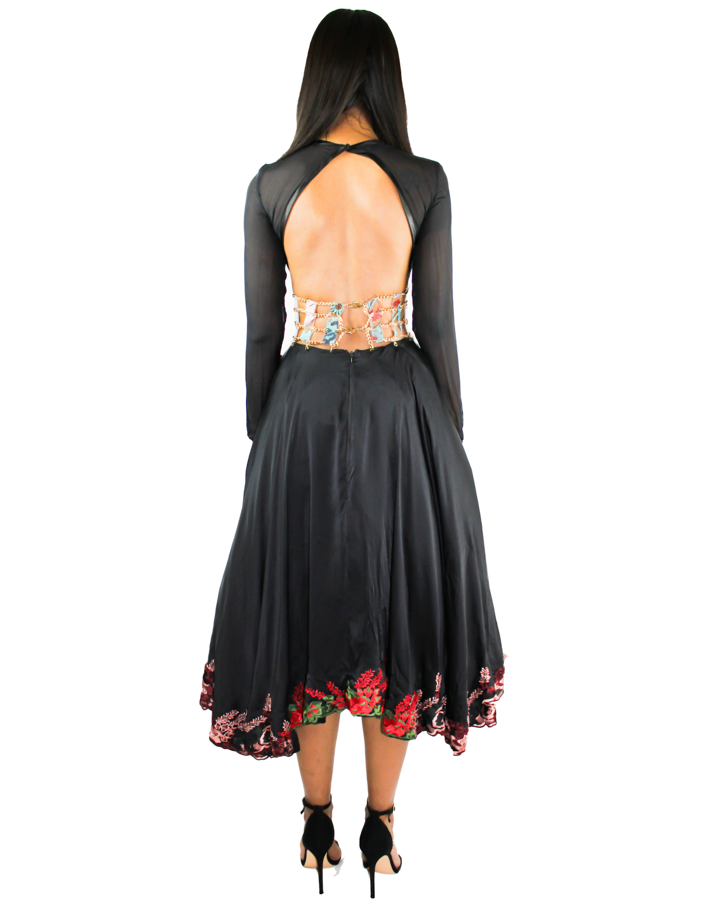 Black Silk Chiffon Lace Appliqué Gown