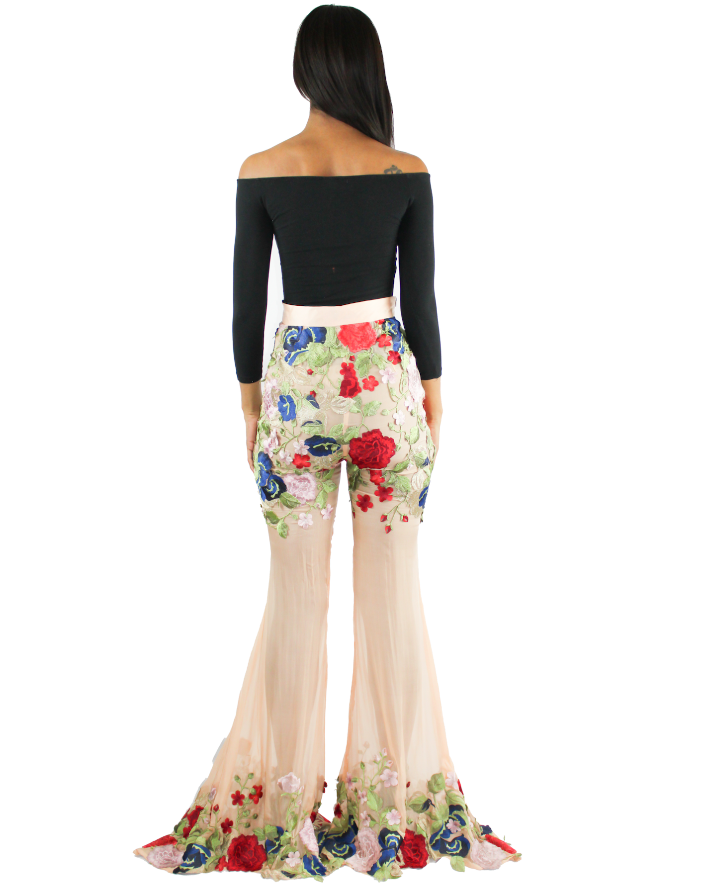 Apricot Silk Chiffon Lace Appliqué flare Trousers